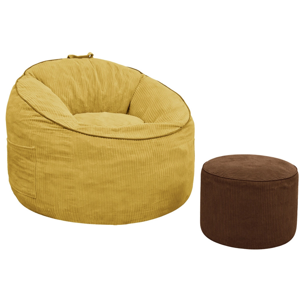 Poltrona curva ergonomica gialla con tasca laterale e pouf cilindrico