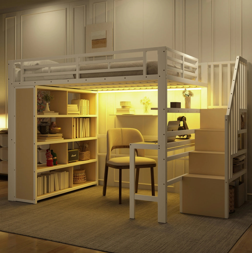 Letto a soppalco 140 x 200 cm con scrivania, LED e scale contenitore