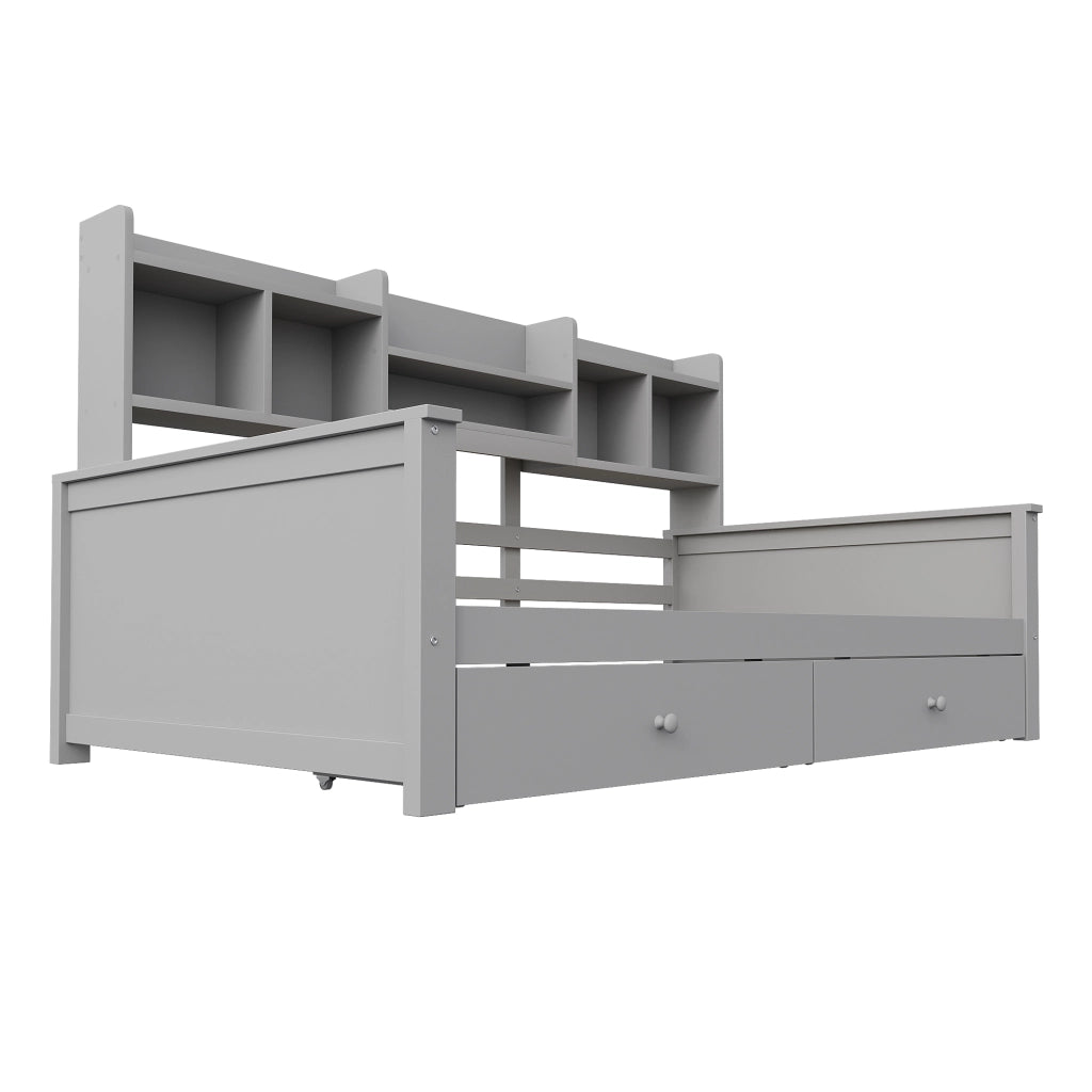 Divano letto singolo 90x200 cm con cassetti e ripiani laterali; in legno grigio