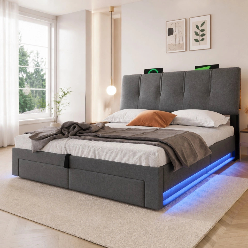 Letto contenitore 140 × 200 cm con vano idraulico cassetti laterali testiera imbottita USB Type-C LED grigio in lino