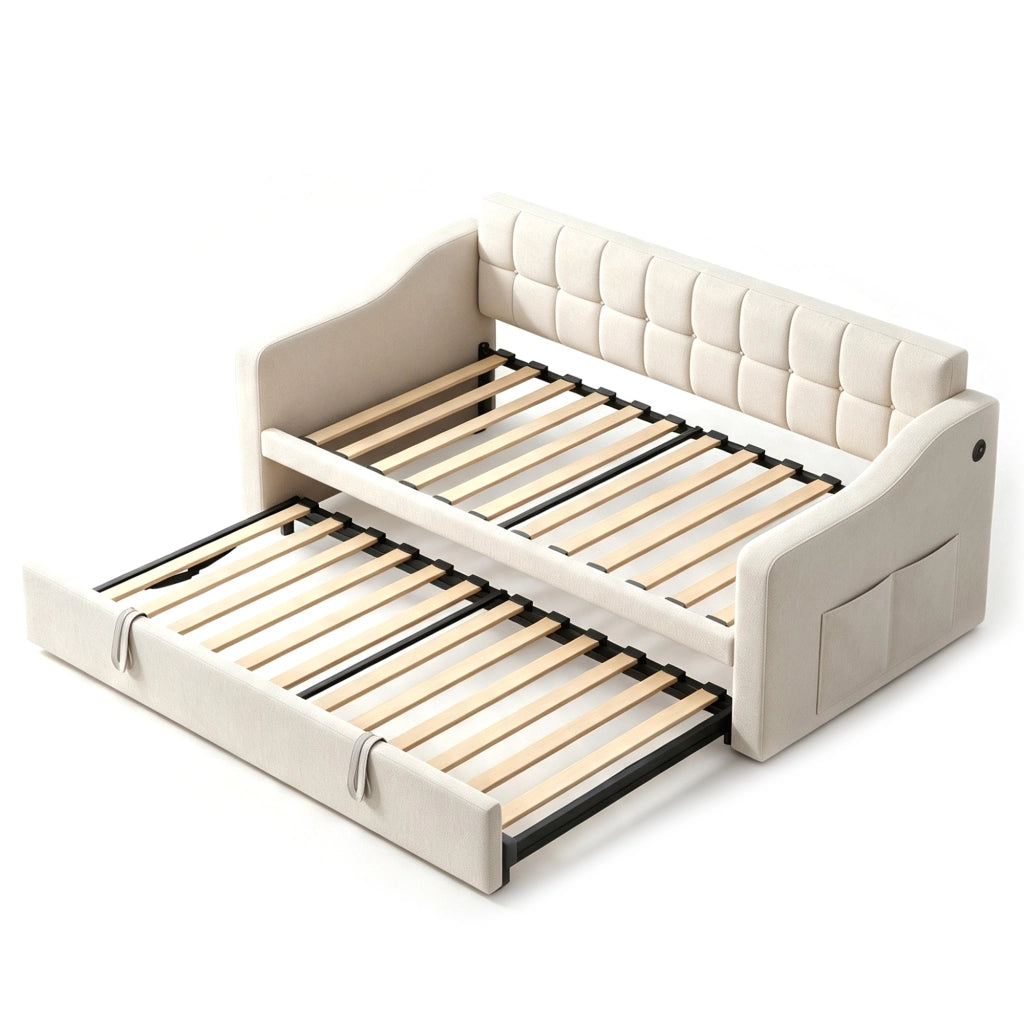 Divano letto singolo 90x190 cm beige in velluto con letto estraibile da 90 a 180 cm