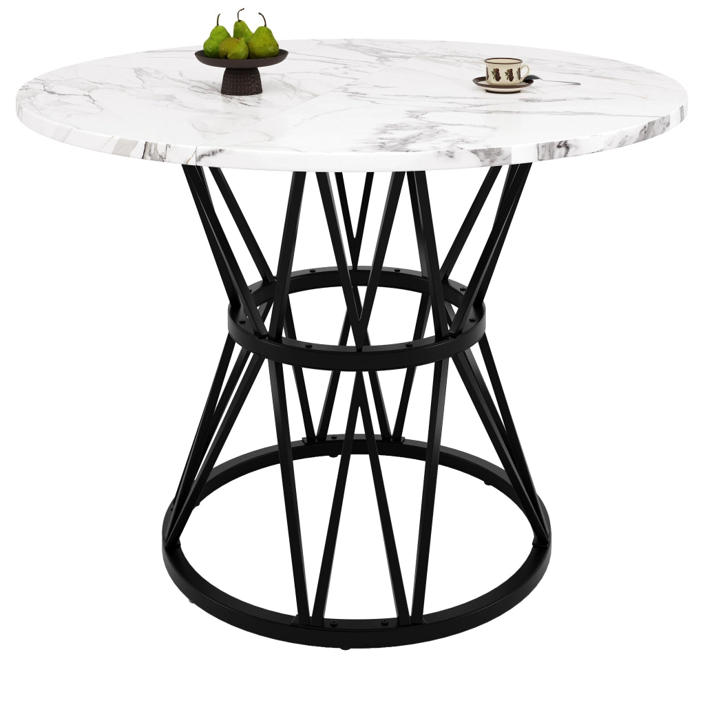 Tavolo da pranzo per 4 persone con piano rotondo e piedini regolabili, in MDF effetto marmo, nero, 100 × 100 × 76 cm