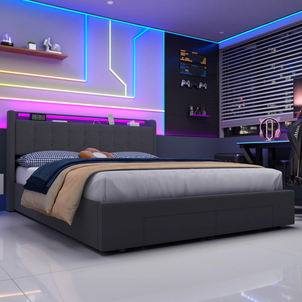 Letto matrimoniale 160x200, imbottito con spazio contenitore idraulico, testiera LED e prese di corrente, grigio, senza materasso