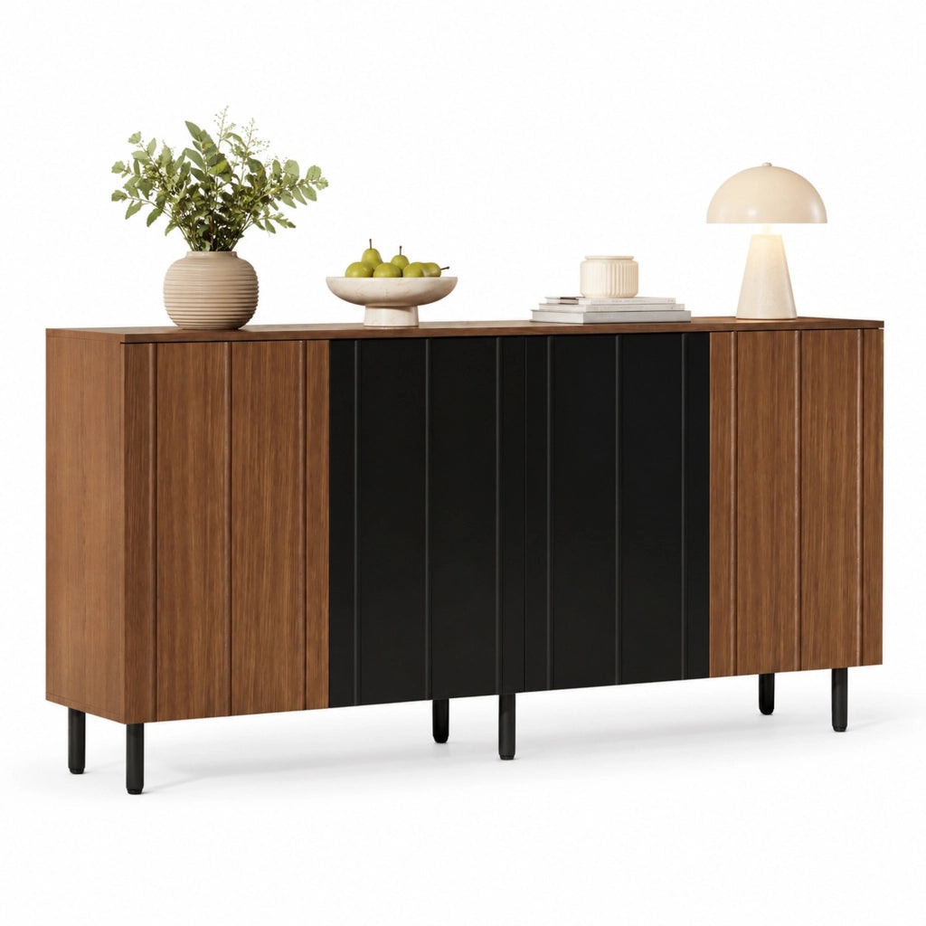 Credenza con 4 ante e ripiani regolabili per cucina e sala da pranzo, in truciolare noce e nero, 160 × 35 × 80 cm