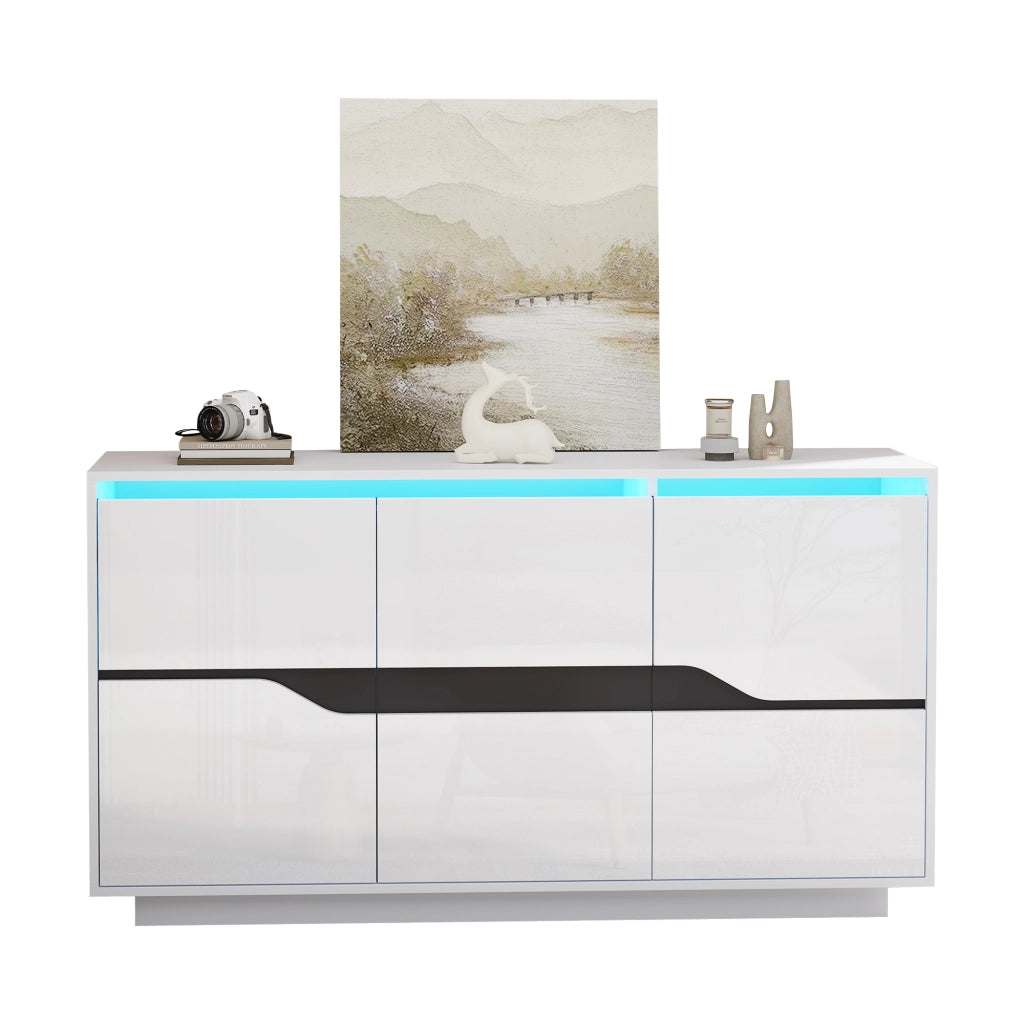 Credenza e madia LED con 3 ante e 5 ripiani regolabili, lucida, in truciolare bianco e nero, 140 × 40 × 70 cm