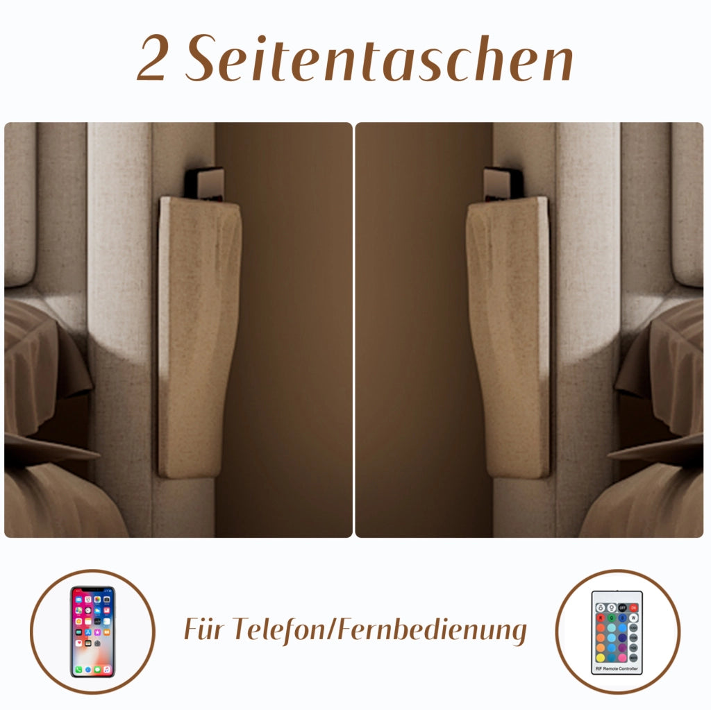 Letto singolo 90x200 cm con contenitore; LED e USB-C; in cotone e lino; beige