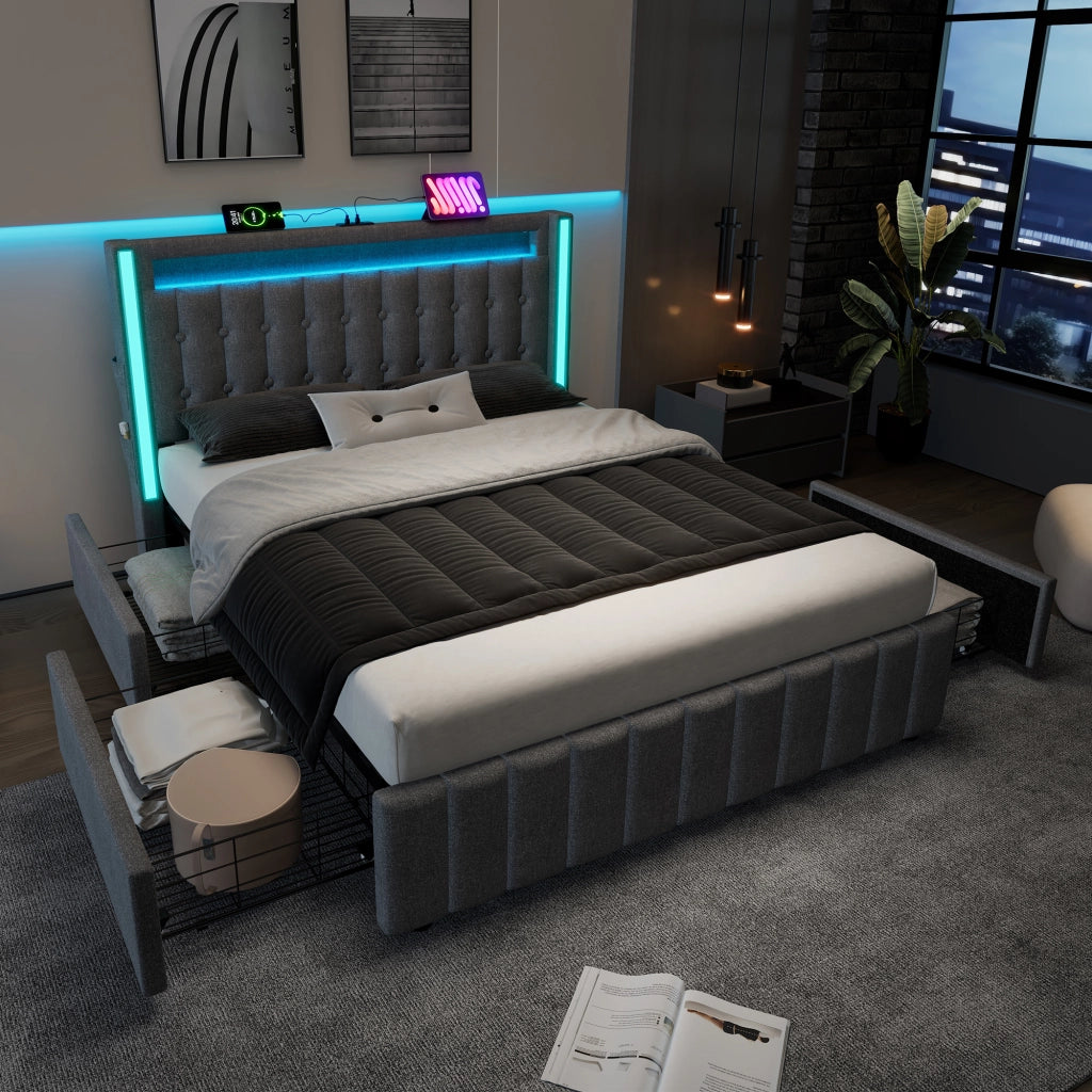 Letto con cassetti 160 × 200 cm con LED; ricarica USB e Type-C; rivestito in lino grigio con rete a doghe