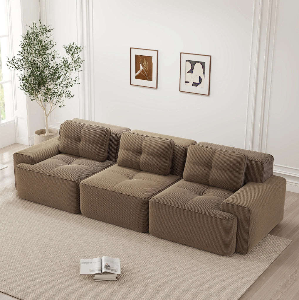 Divano modulare Cloud senza gambe in tessuto a coste marrone, 3 posti con seduta profonda da 74 cm, design componibile