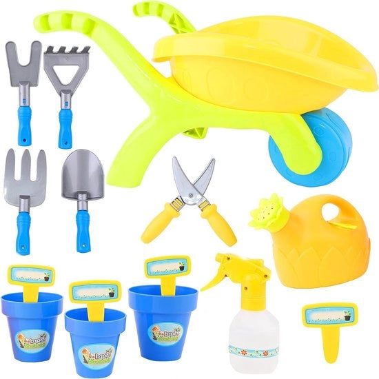 Set di giardinaggio per bambini 14 pezzi Carrello per piante Attrezzi per giardinaggio Set di irrigazione Pannelli per piante Etichette per piante Vanghe miste Lombrico Rasoio per piante Asse da giardinaggio 45cm Set di giardinaggio per bambini