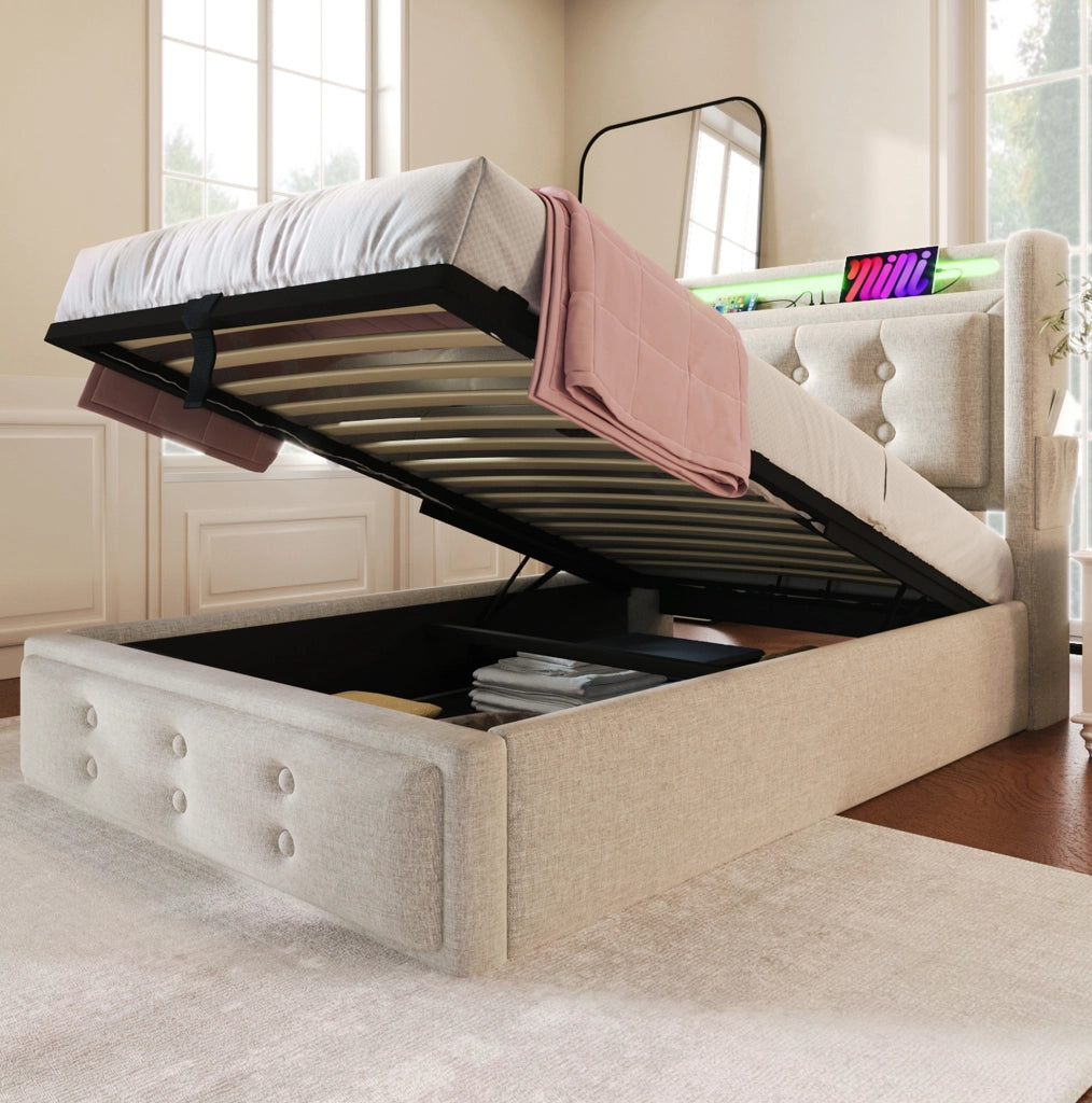 Letto imbottito 90x200 cm con contenitore; LED; prese USB e Type-C; beige