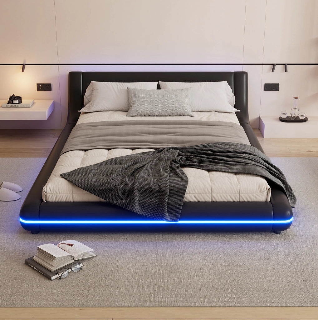 LETTO a pavimento 140x200 cm PU Nero con illuminazione LED