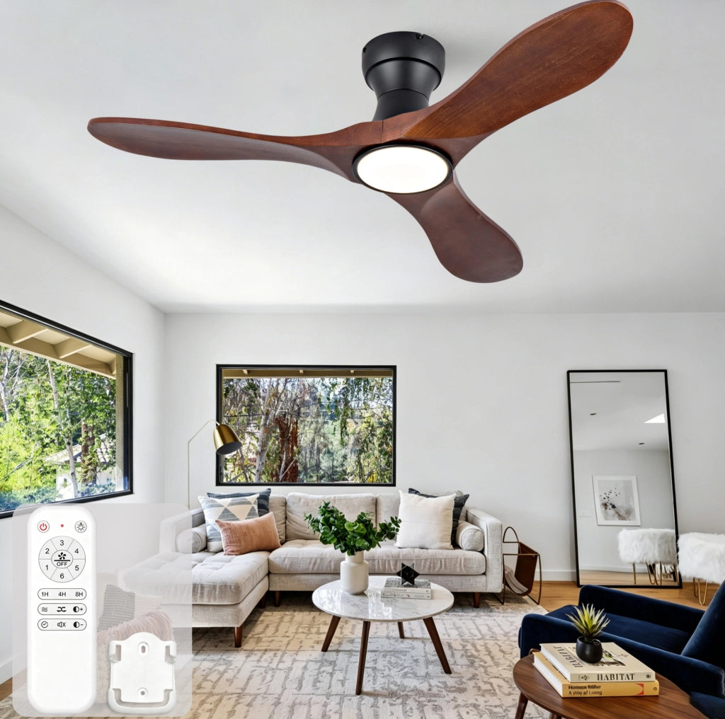 Ventilatore da soffitto 42" con LED dimmerabile; 3 pale in legno massello; nero e noce scuro