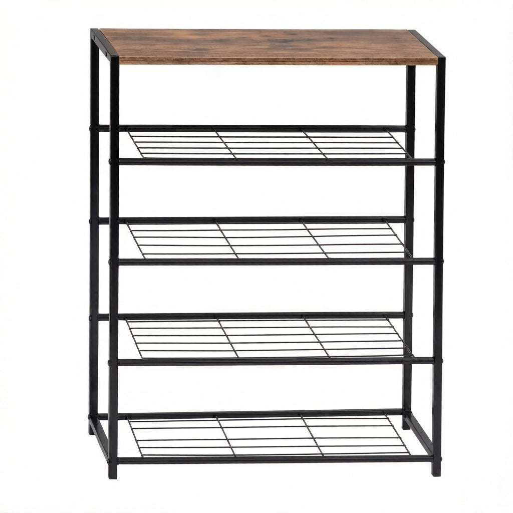Scarpiera con 5 ripiani aperti, stile industriale, per ingresso, in MDF e acciaio marrone e nero, 63 × 30 × 83 cm