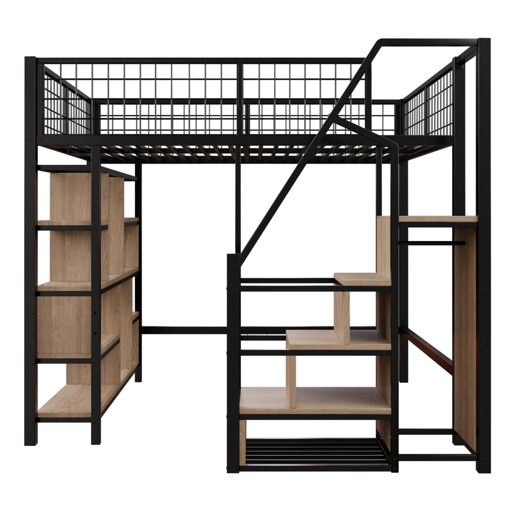 Letto a soppalco 140x200 cm con scala contenitore, in metallo, compensato e MDF nero