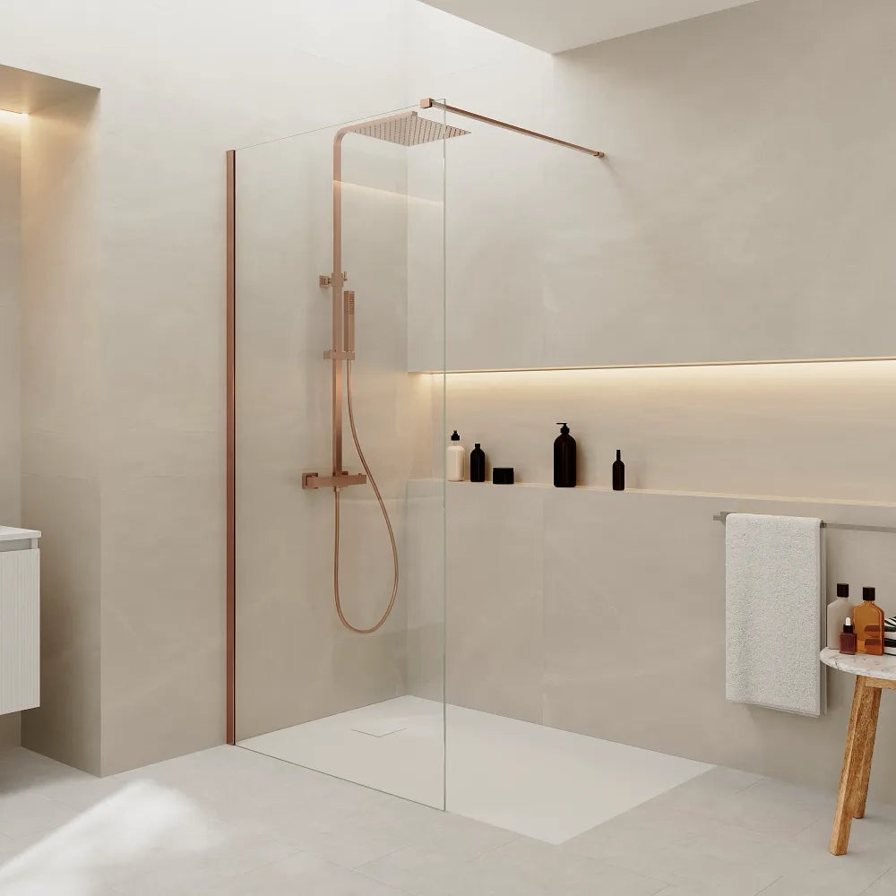 Doccia walk-in 140 cm vetro 8mm anticalcare h200 profilo rame spazzolato | Keros