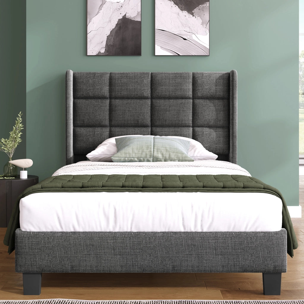 Letto singolo imbottito 90x200 cm con testiera imbottita; rete a doghe; design moderno; lino grigio