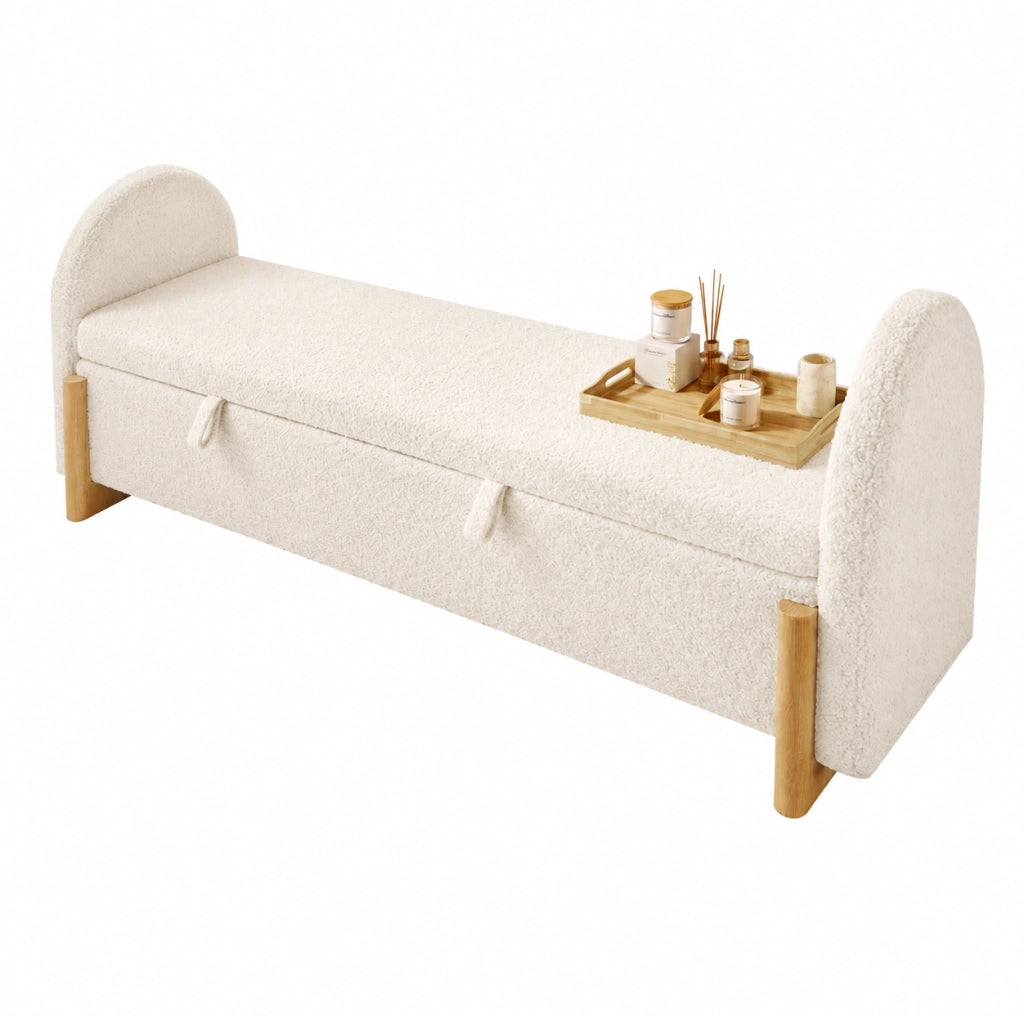 Panca contenitore con chiusura soft, 166x47x61 cm, rivestimento in tessuto bouclé bianco, gambe a U in legno massello di gomma, carico max 150 kg