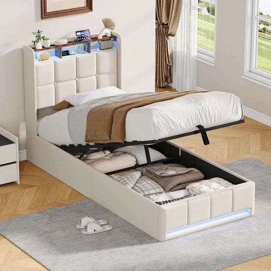 Letto per bambini 90x200cm, letto a cassettone 140x200cm con illuminazione LED, cassettone a scomparsa con illuminazione LED, letto singolo con U