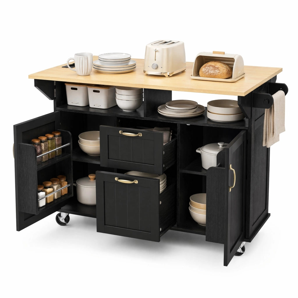 Isola cucina mobile 120x80x92 cm in MDF nero, piano estensibile e contenitori