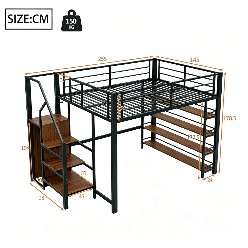 Letto a soppalco con scala contenitore e armadio, 140x200 cm, nero