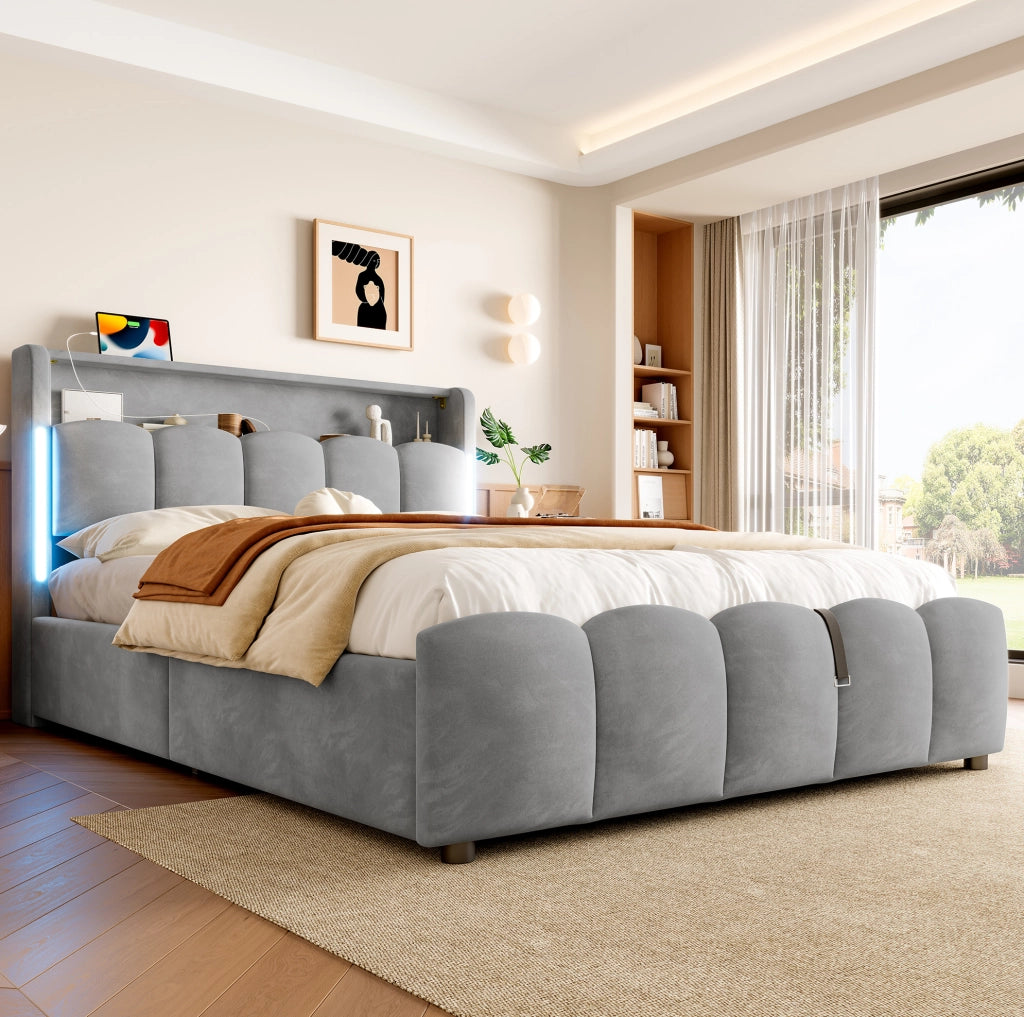 Letto matrimoniale 140x200 cm con contenitore idraulico; LED e USB-C; velluto grigio