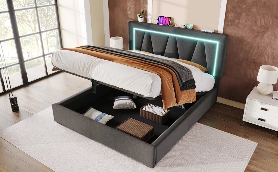 Letto matrimoniale contenitore 160 ¡Á 200 cm in lino grigio con LED USB e porta Type C testiera regolabile