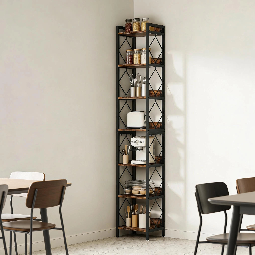 Libreria a 7 ripiani aperti in metallo e legno marrone rustico e nero 34 × 34 × 200 cm