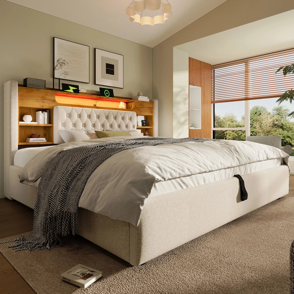 Letto matrimoniale 160x200 cm con contenitore idraulico, LED e porte USB, beige