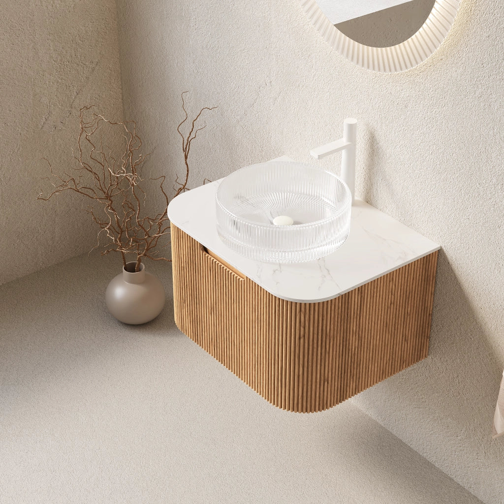 Mobile sottolavabo sospeso con lavabo rotondo in vetro trasparente e cassetto con chiusura ammortizzata per bagno