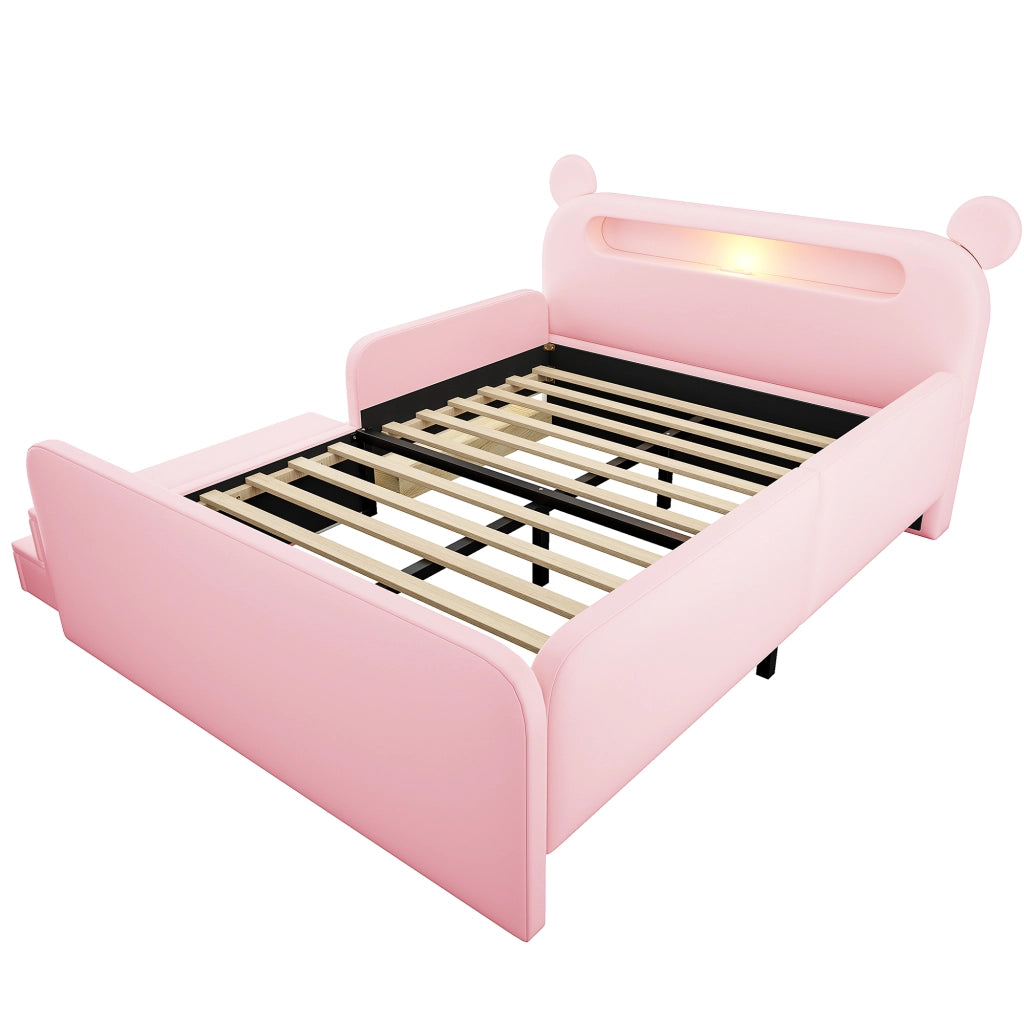 Letto Bambino Imbottito 140x200 cm LEMONMAX con Testiera Orsetto, Contenitore Nascosto, LED e USB, Barriere, Similpelle Rosa, 12 Doghe