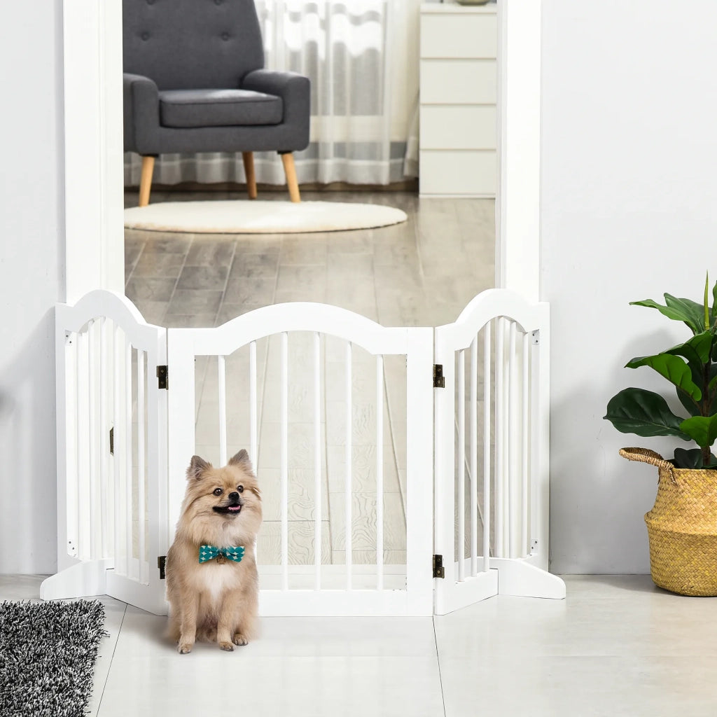 Cancello separatore per cani 3 pezzi, MDF bianco, stabile e pieghevole con 2 piedi di supporto, 154,5x29,5x61 cm