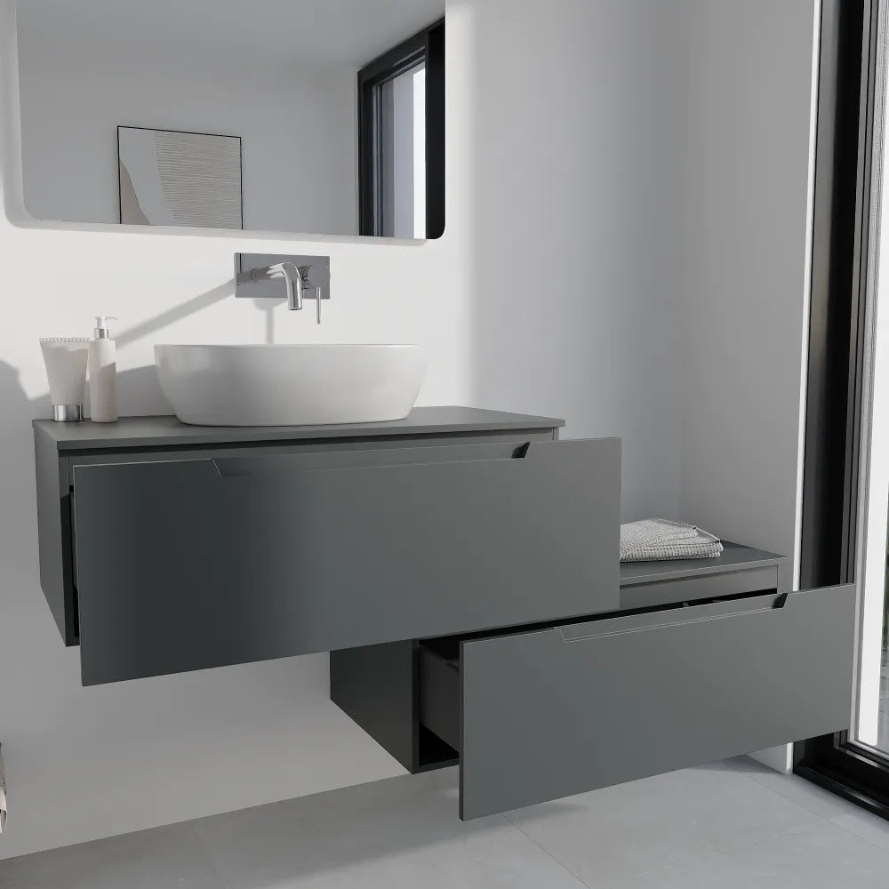 Mobile bagno sospeso modulare 100cm grigio opaco due cassetti con top | Bako
