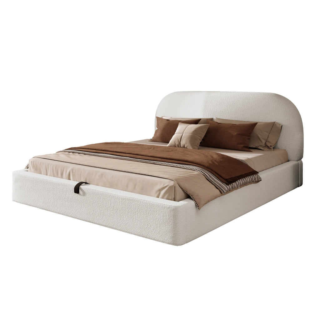 Letto matrimoniale imbottito con contenitore idraulico rete a doghe testiera in boucl¨¦ beige lavabile