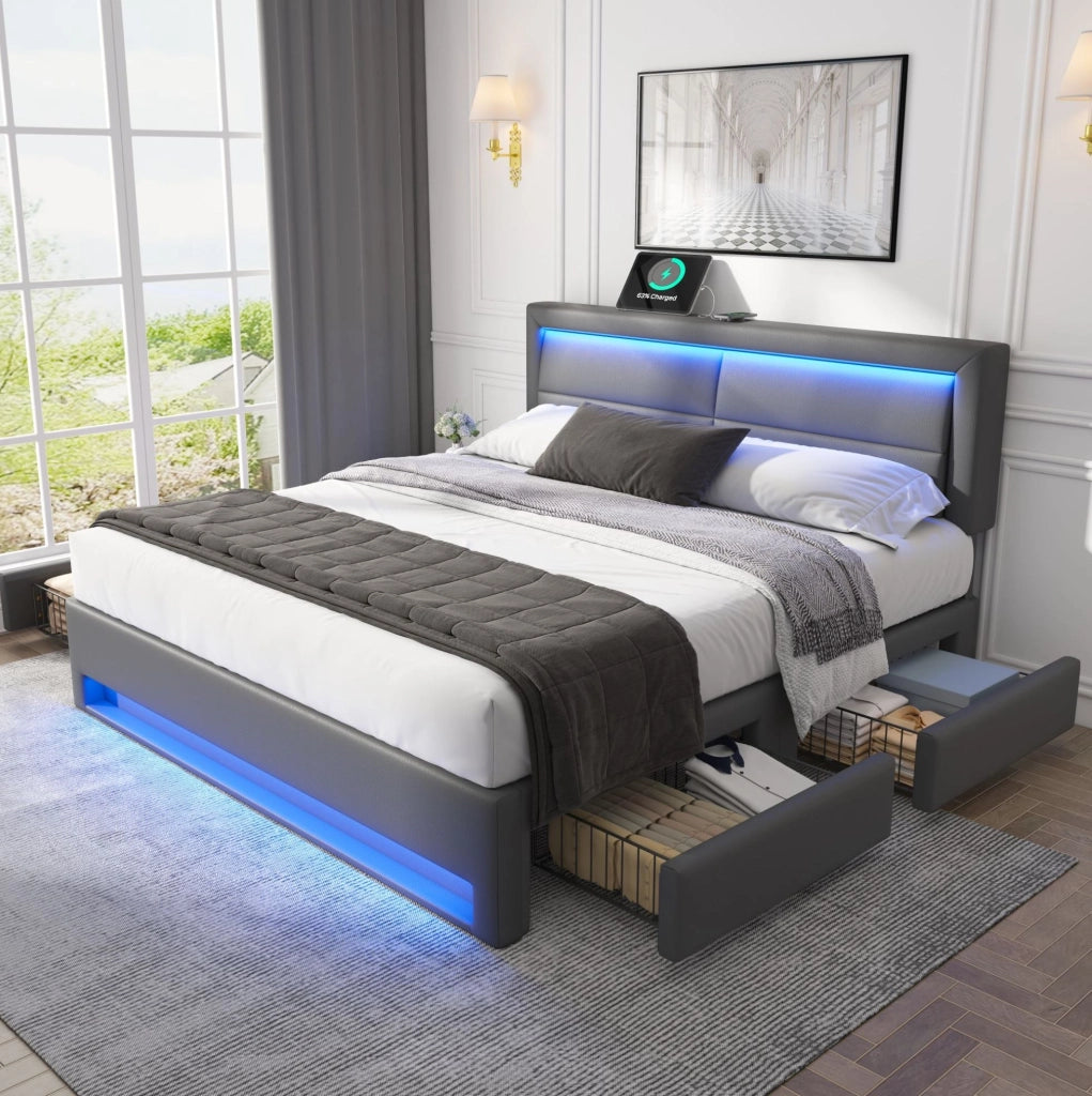 Letto imbottito 140 x 200 cm in PU con LED; USB e 4 cassetti; grigio