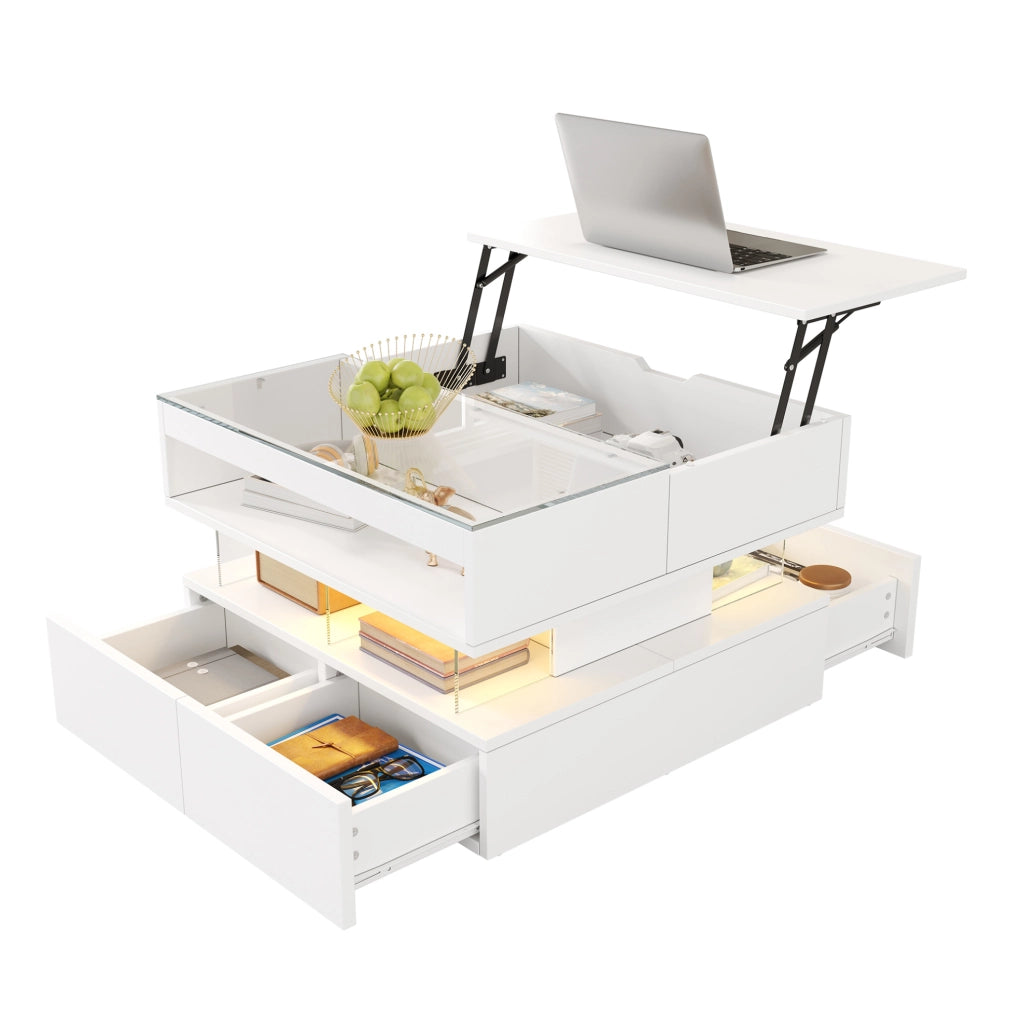 Tavolino da salotto con piano alzabile, illuminazione LED a 16 colori, struttura in truciolato bianco 70x67x57 cm