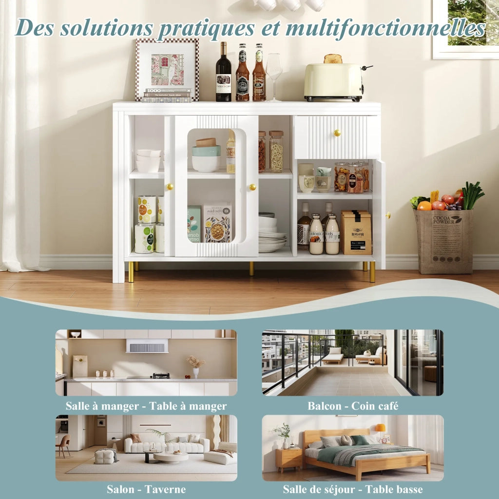 Credenza moderna bianca con ante scorrevoli in vetro e motivo ondulato, piano tavolo ribaltabile ed estensibile con superficie girevole, gambe in metallo oro. Per cucina e sala da pranzo