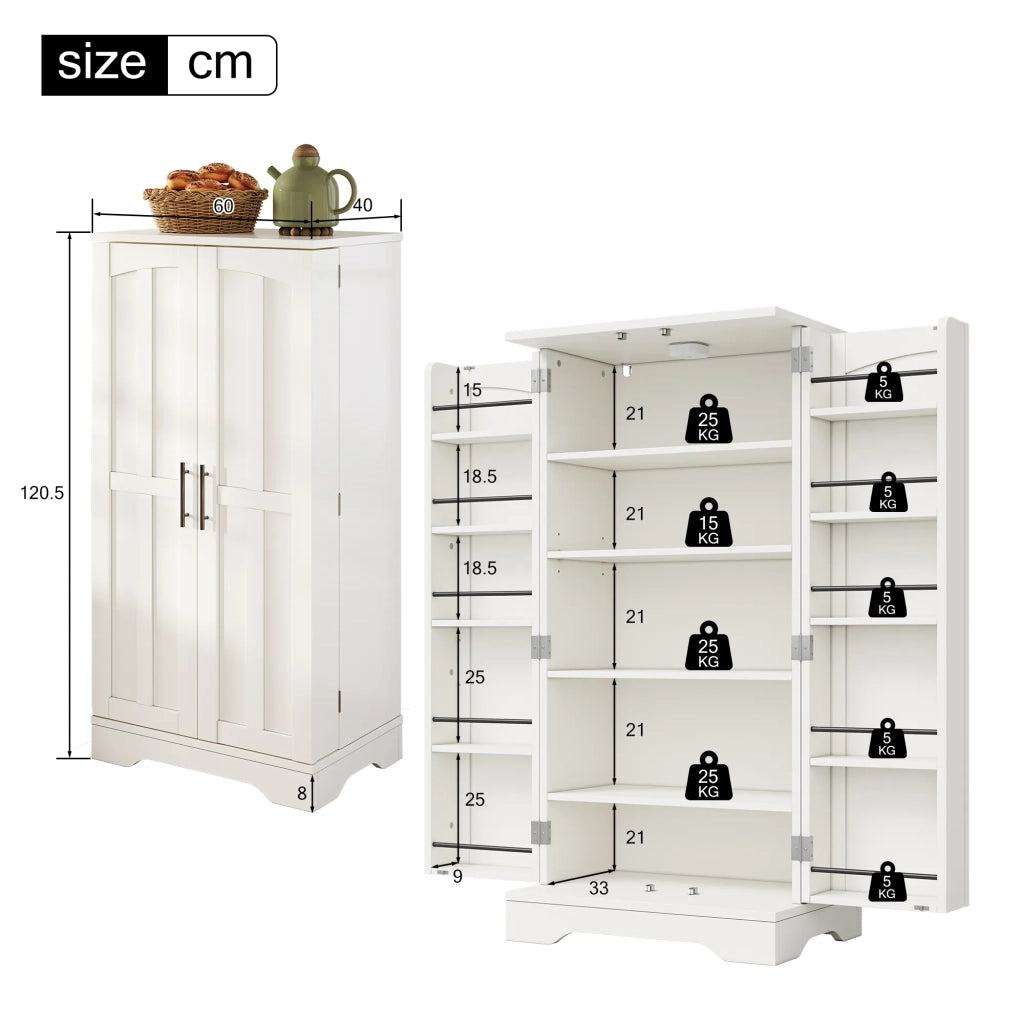 Armadio da cucina bianco 120x60x40 cm, 2 ante con ripiani regolabili e vani porta, luce LED a sensore, per cucina, sala da pranzo o soggiorno