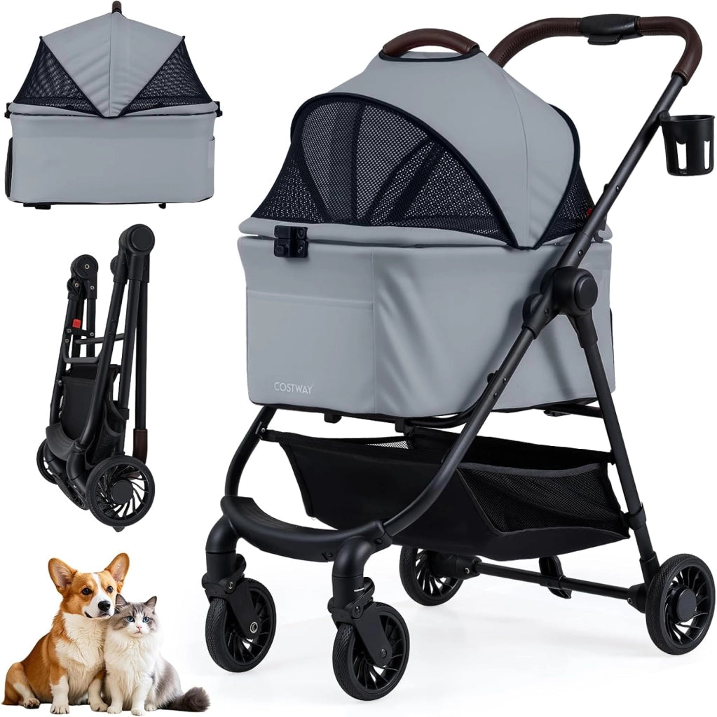 3 in 1 Passeggino Portatile per Cani, Portata 15 kg, Grigio
Carrozzina per Cani Rimovibile con Tetto in Rete Regolabile, Cesto Portaoggetti e Cintura di Sicurezza