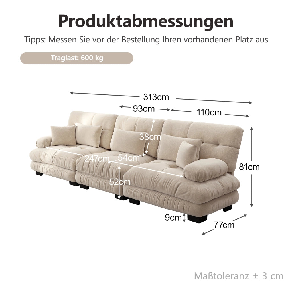 Divano angolare 3 Posiziona 313×77×81 cm in ciniglia - Sedile profondo e modulare - Per soggiorno - appartamento - caffè leggero