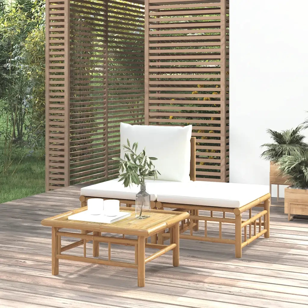 Set Salotto da Giardino 3pz | Set di Mobili da Esterno con Cuscini Bianco Crema in Bamb¨´
