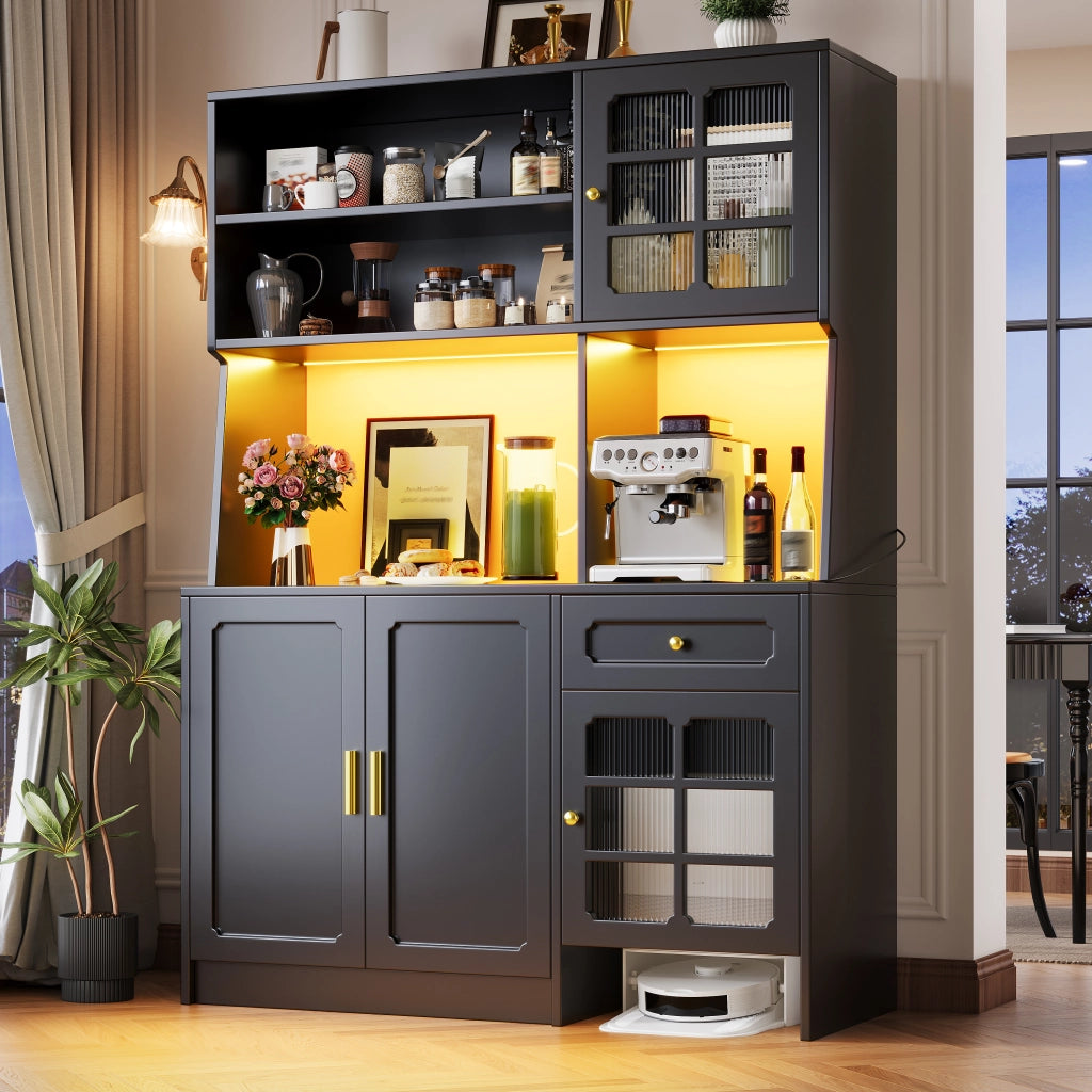 Mobile colonna da cucina con vani aperti; ante in vetro e LED controllabile tramite app nero 130 × 45 × 180 cm