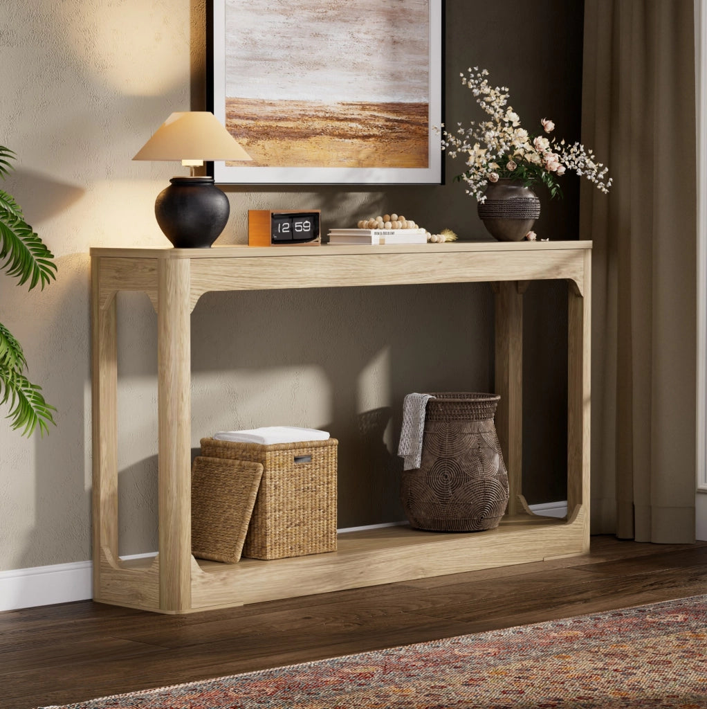 Tavolo consolle 140 cm a 2 ripiani aperti in MDF colore naturale per ingresso
