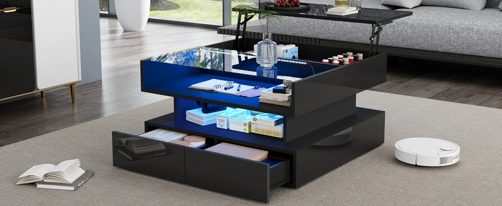 Tavolino da salotto sollevabile quadrato 80x80 cm nero con LED