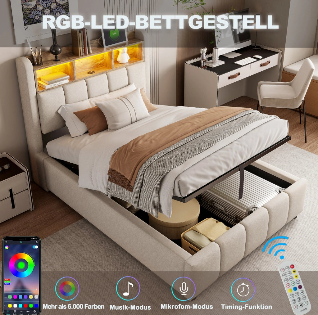LETTO imbottito 90x200 cm con LED, USB e vano contenitore Beige
