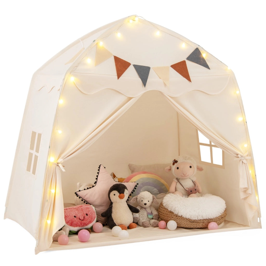 Tenda da gioco per bambini portatile e lavabile in lavatrice, Tenda da letto con bandiere e luci a globo Beige