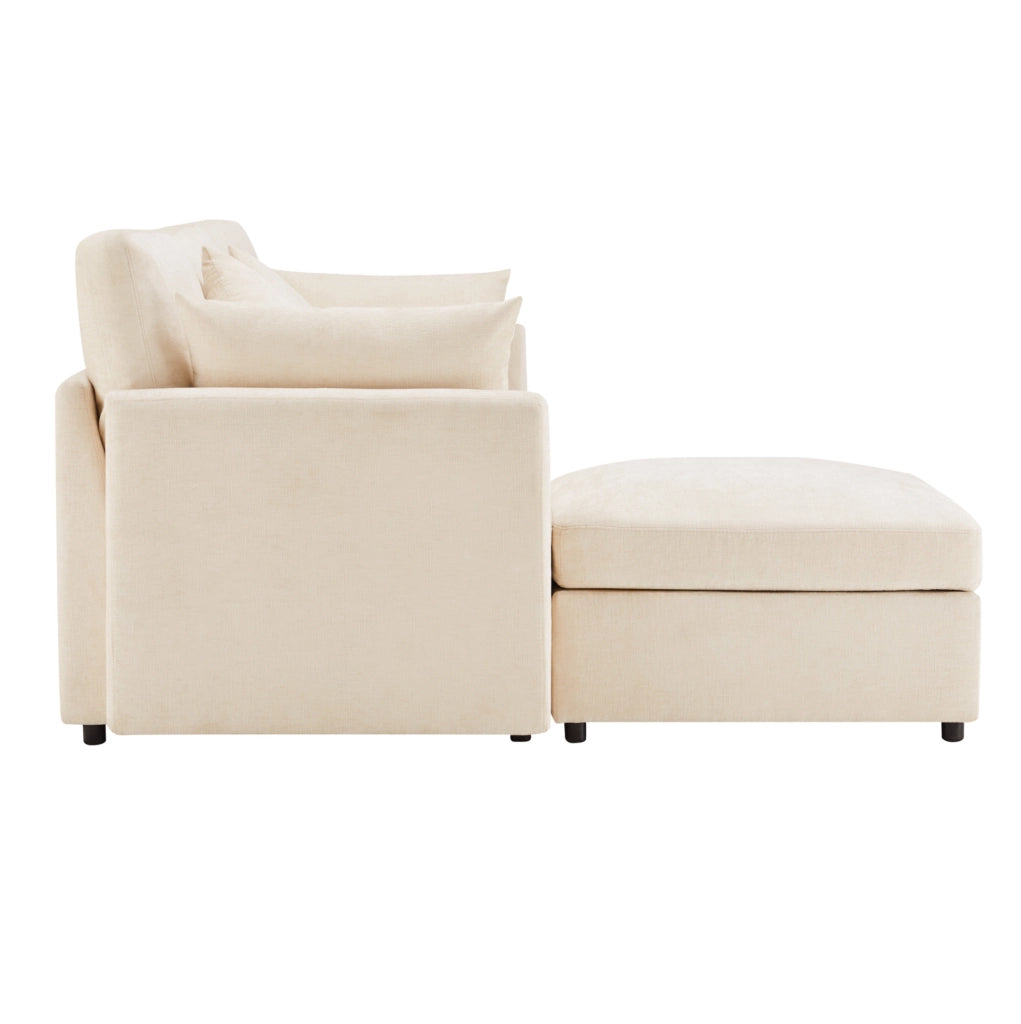 Divano angolare modulare L a 3 posti con pouf mobile e 4 cuscini in tessuto chenille beige, 216x161x81 cm