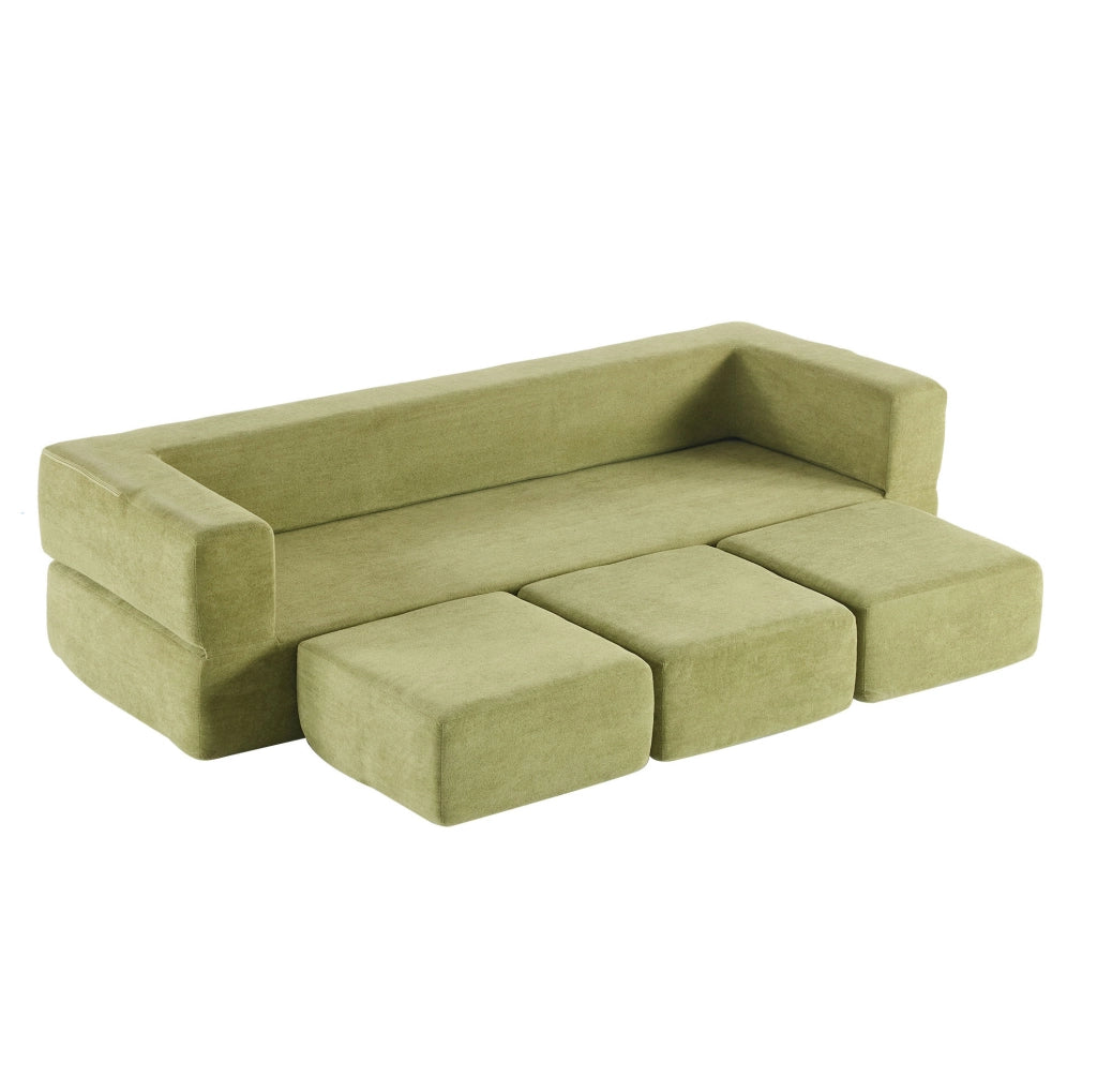 Divano modulare trasformabile in verde con 3 poggiapiedi, materasso in schiuma ad alta elasticità, divano-letto salvaspazio in tessuto ciniglia per monolocali e uffici domestici