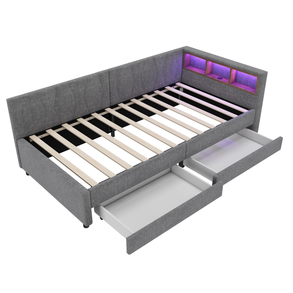 Letto singolo 90x200 cm con letto estraibile e rete a doghe; lino grigio