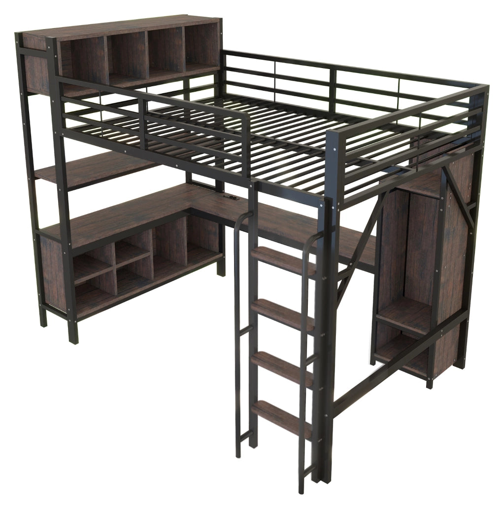 Letto a soppalco 140x200 cm con scrivania; armadio; LED e prese UE nero HOMVRA