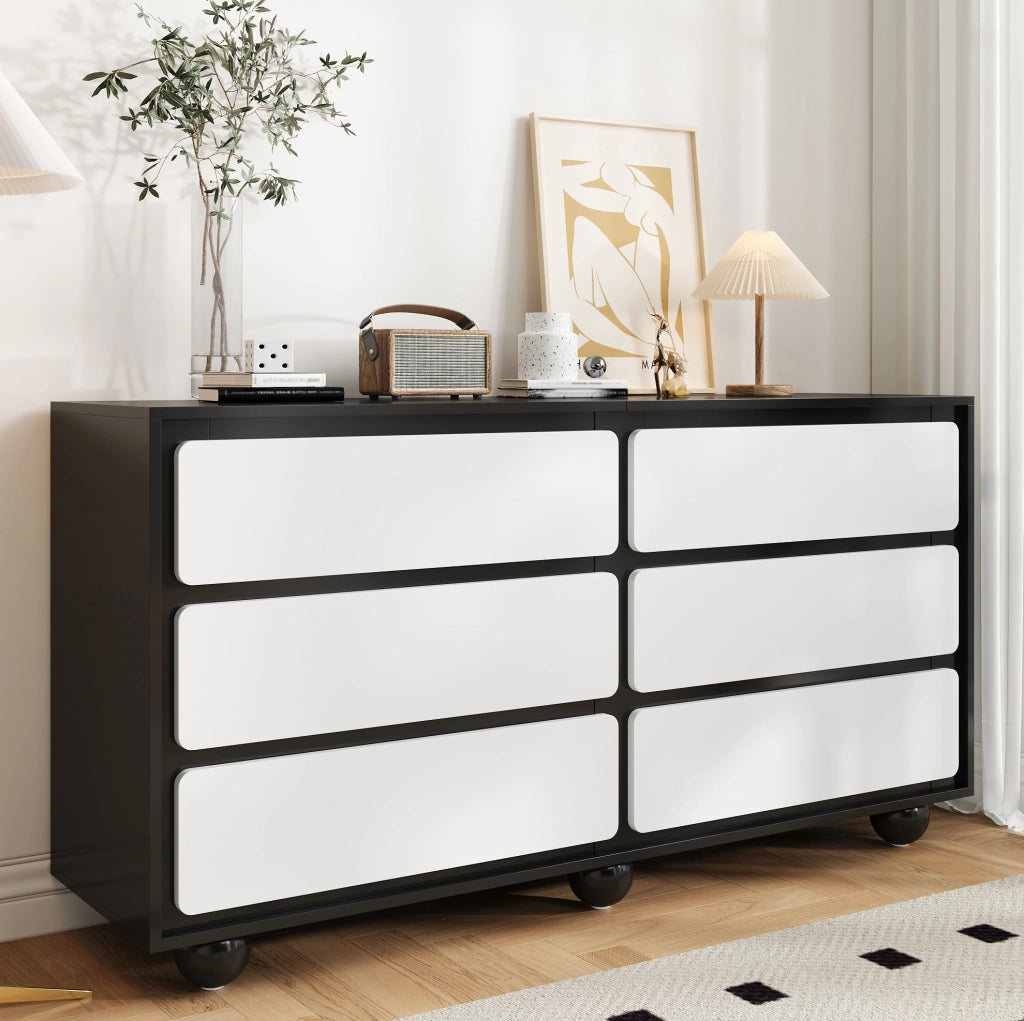 Cassettiera moderna bianca e nera con 6 cassetti, 140 cm